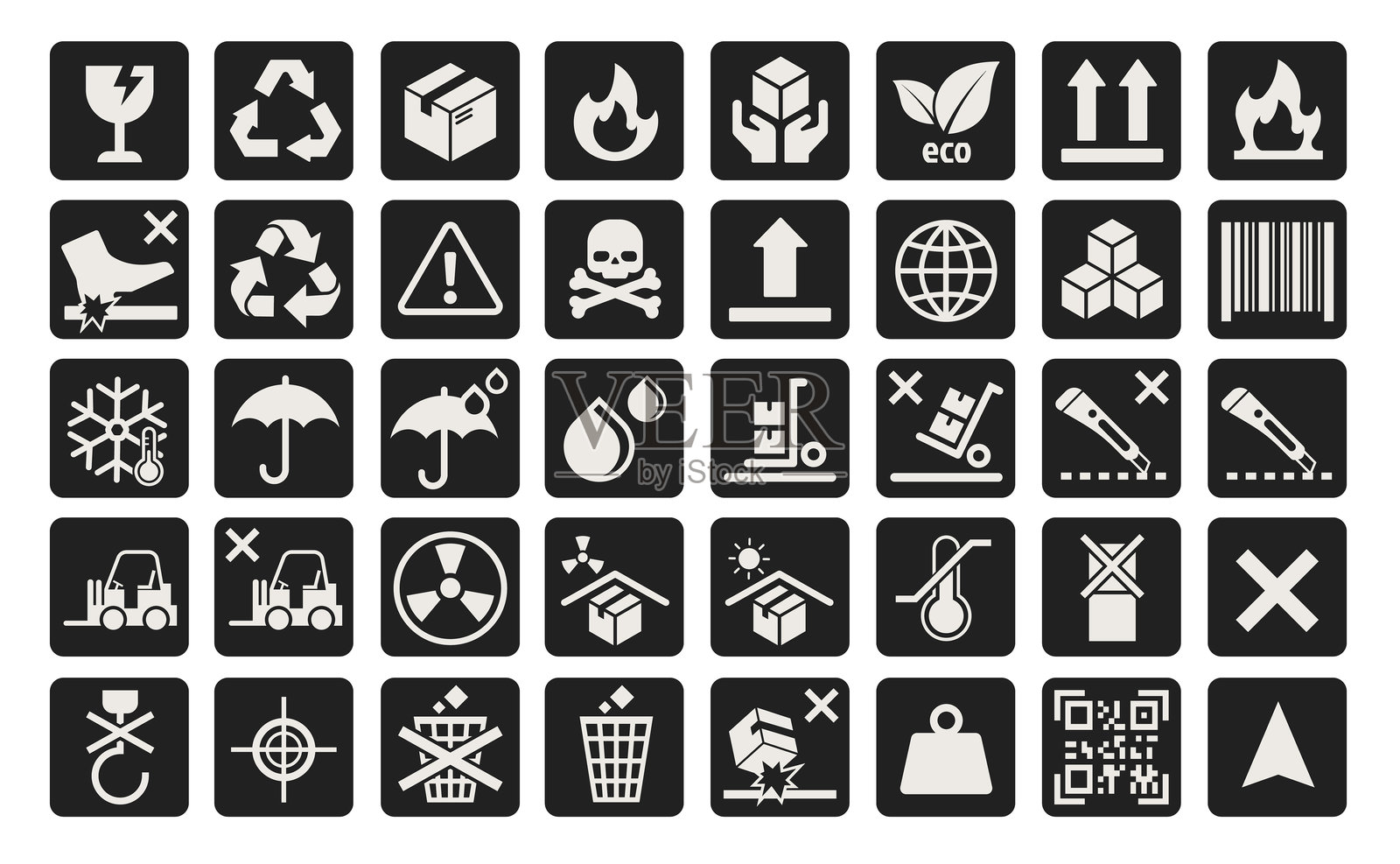 运输和处理符号 - 易碎、回收、危险和包装图标插画图片素材