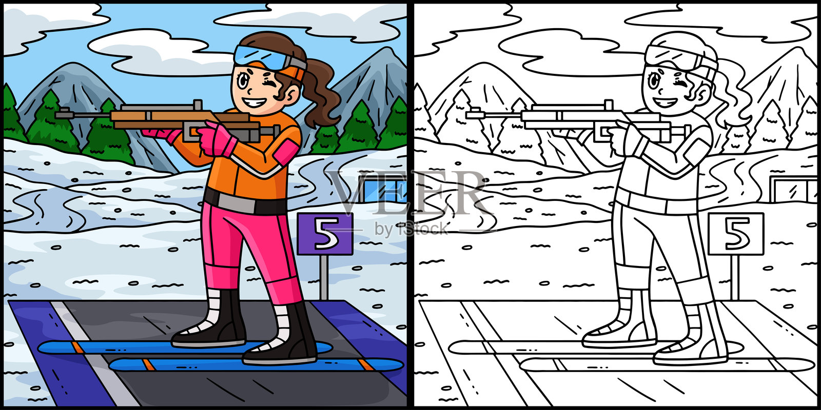 女性冬季两项运动员瞄准的彩色插图插画图片素材