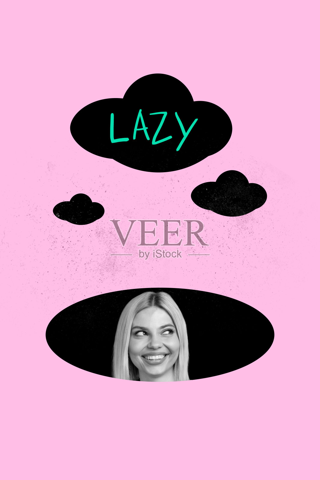 时尚的垂直拼贴图，困惑的男商人和女商人站在一起，气泡中透露出疲惫、疲劳、工作负担和紧张感。照片摄影图片