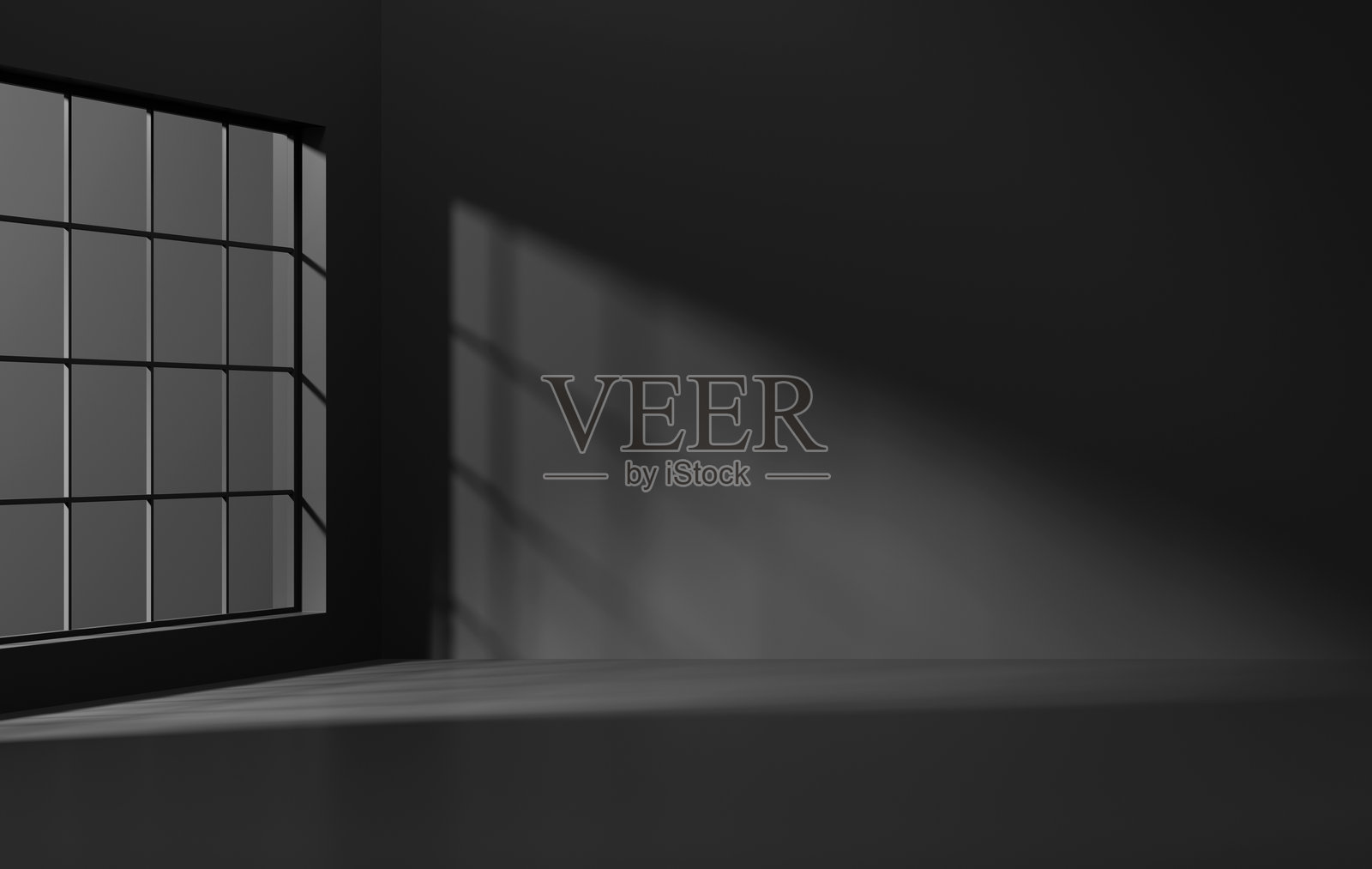 极简空旷的黑色房间，窗户透光，3D渲染和留白空间照片摄影图片
