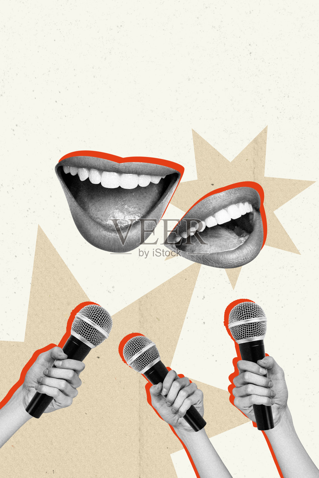 创意艺术草图图像，3D拼贴，两张嘴唇微笑，手握麦克风，操控、施压、宣传、虚假信息照片摄影图片