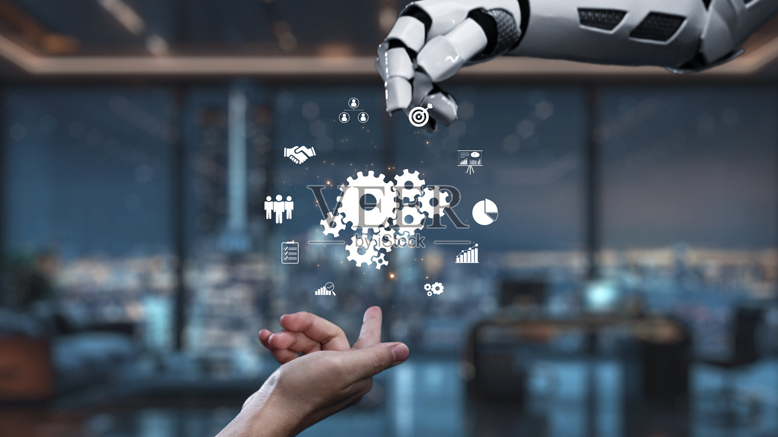 机器人手伸向人类手，周围有代表科技、商业和创新的数字图标，背景为现代办公室环境。Auvana照片摄影图片