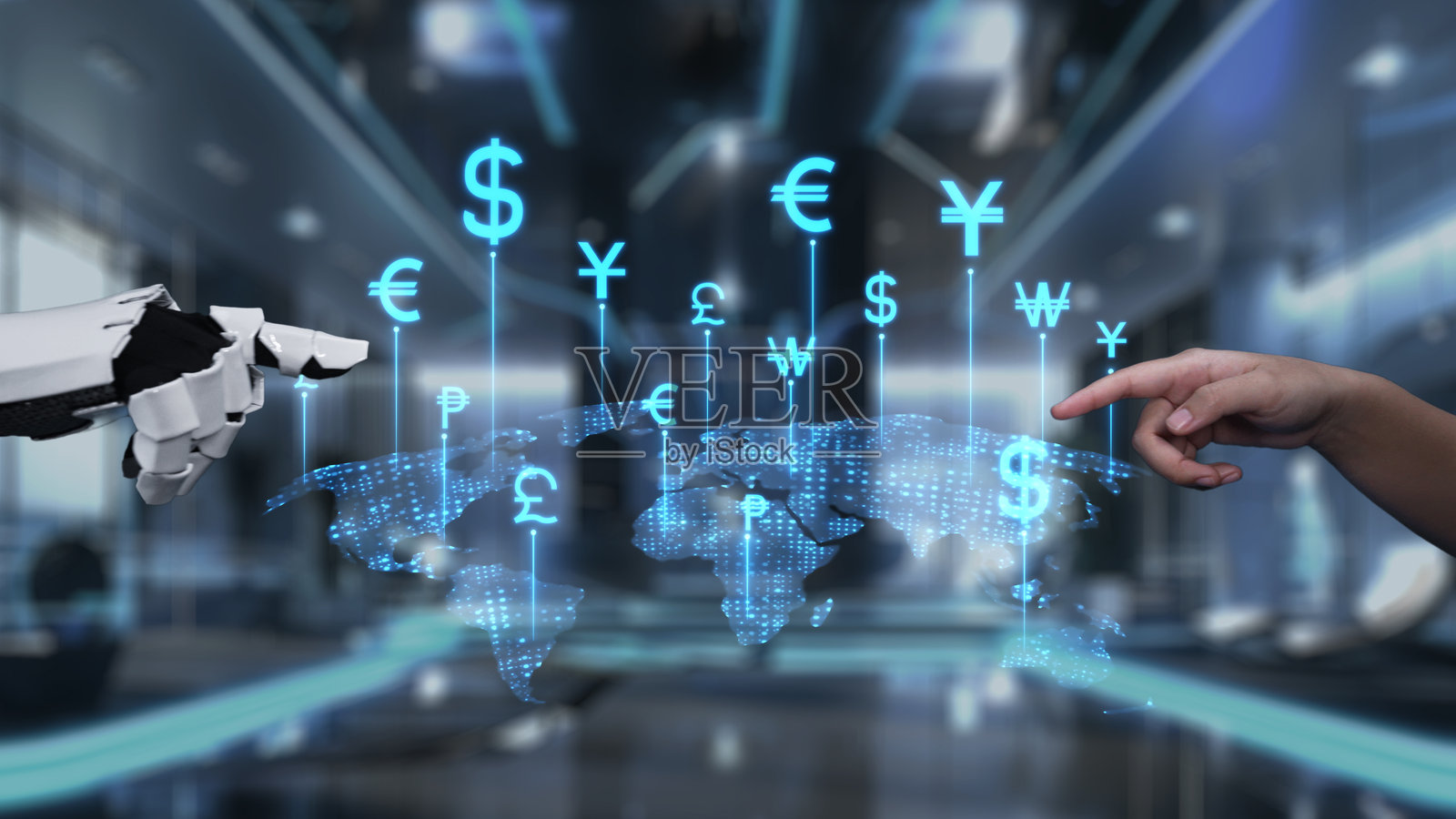 人类与机器人之间的数字互动，货币符号突出全球金融趋势，背景为高科技办公室环境。Auvana照片摄影图片