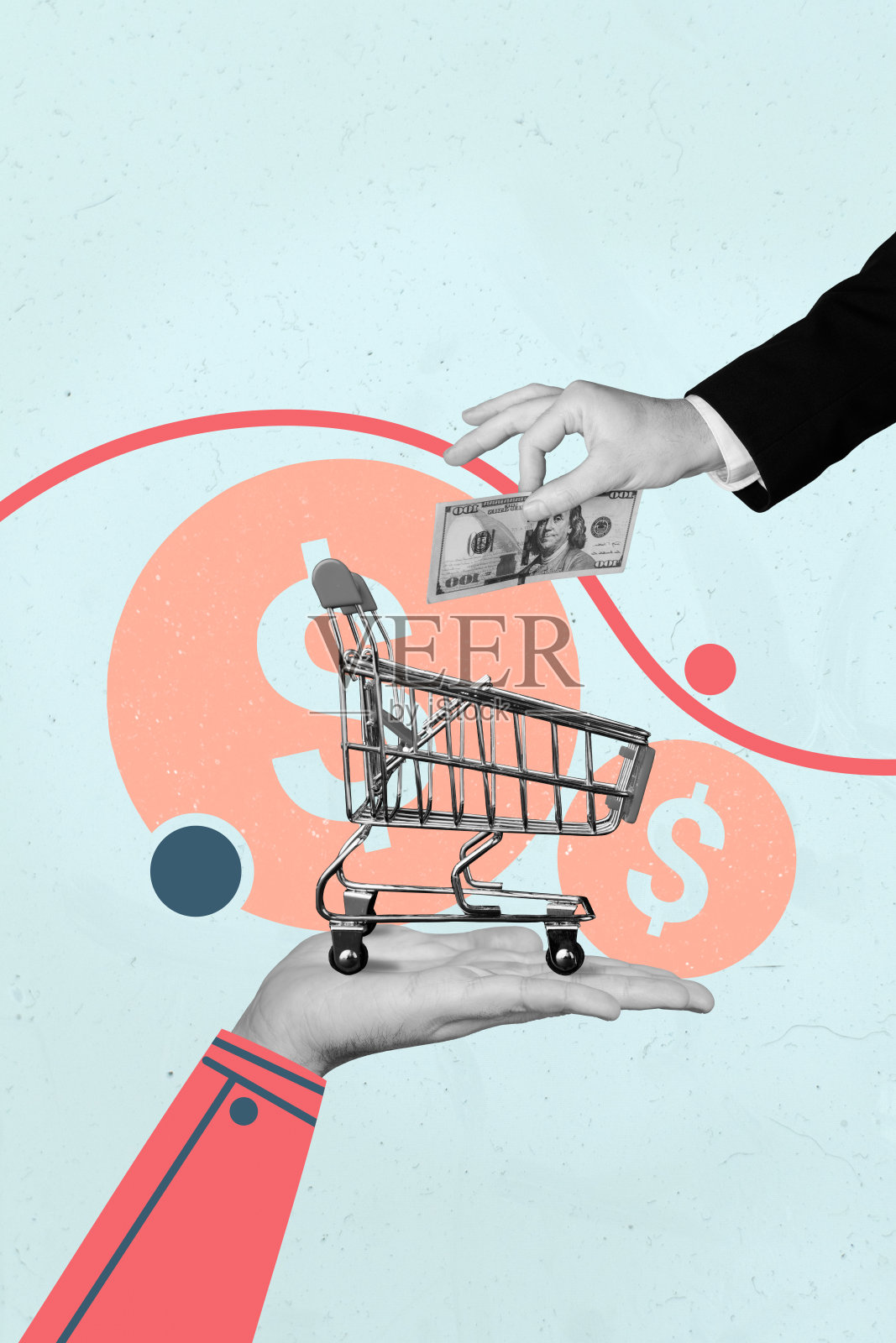 超市购物车中放置钞票的流行模板拼贴，背景为蓝色，带有硬币符号照片摄影图片