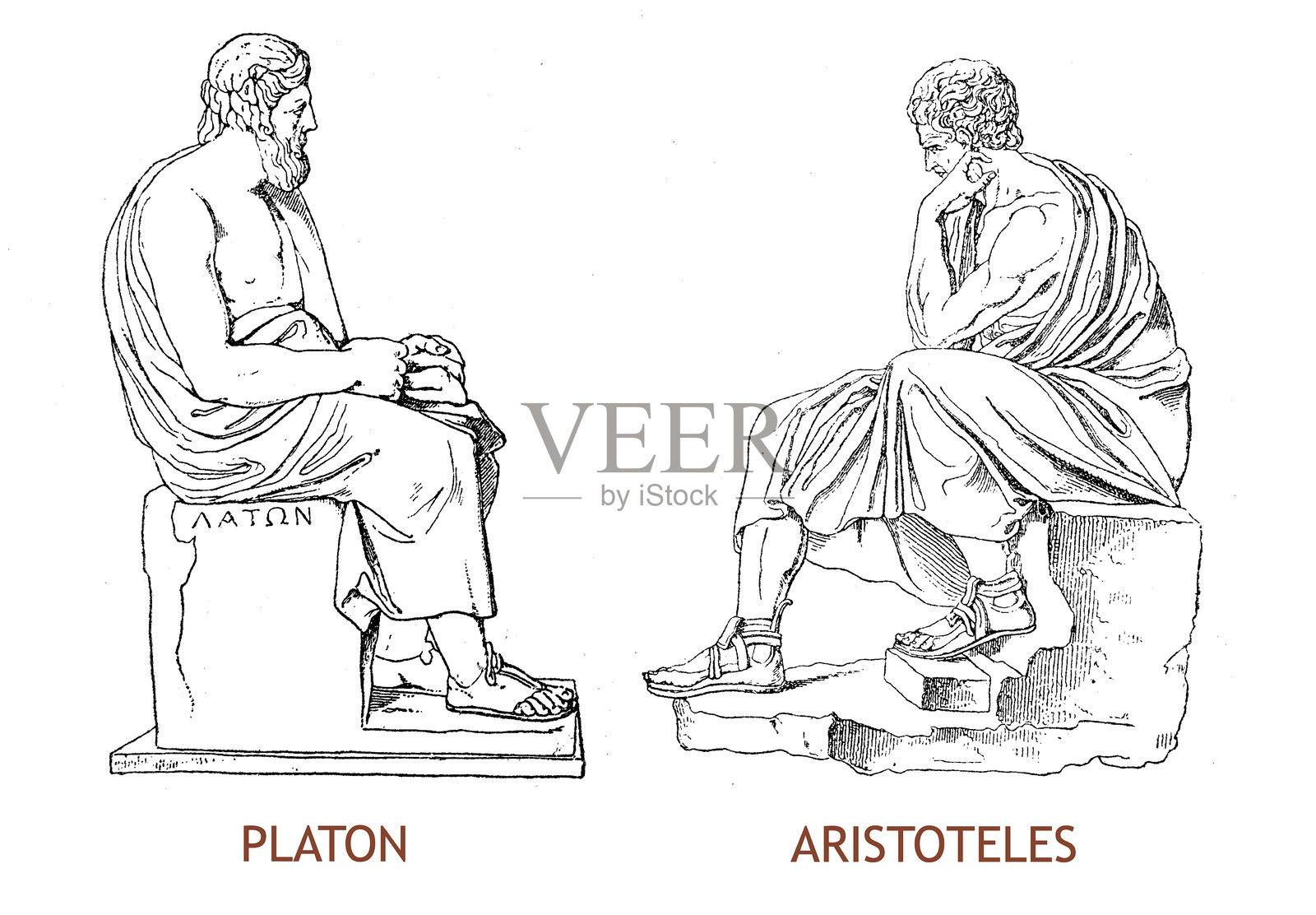 柏拉图和亚里士多德的雕像，复古雕刻插画图片素材