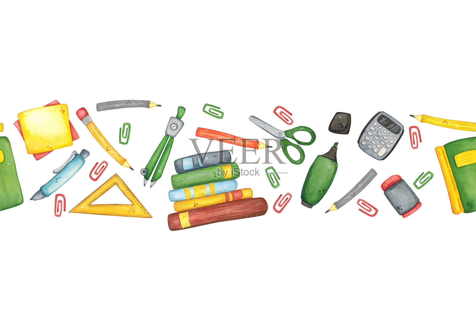 无缝的学校用品、文具和书籍边框。手绘水彩插图，卡通风格。用于信息图表、包装、卡片和邀请函的绘图。学校、教育、学生、文具插画图片素材