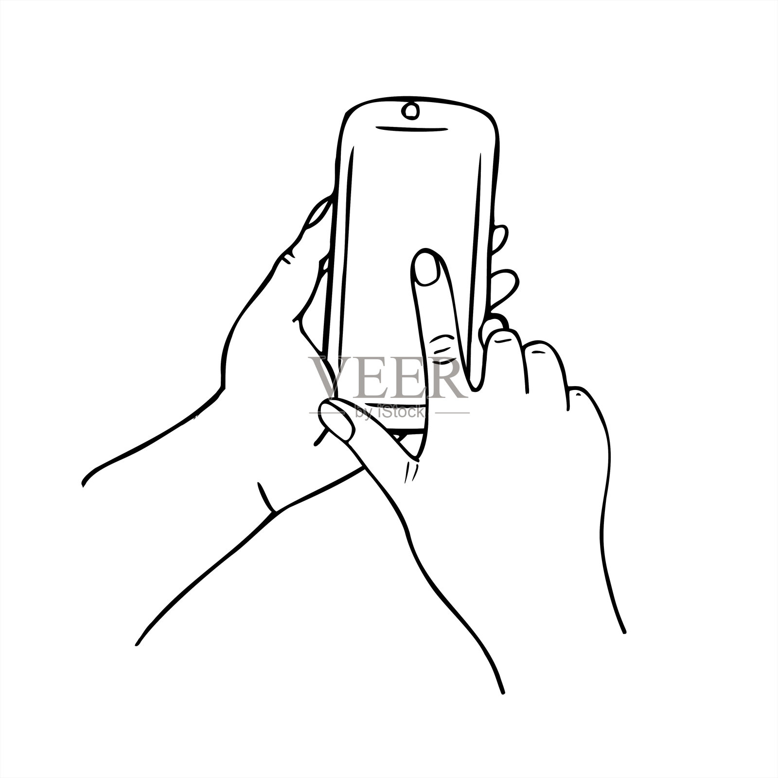 手握智能手机，手指轻触屏幕的矢量素描插图。适用于移动应用演示、数字互动概念的空白手机图标模板。插画图片素材