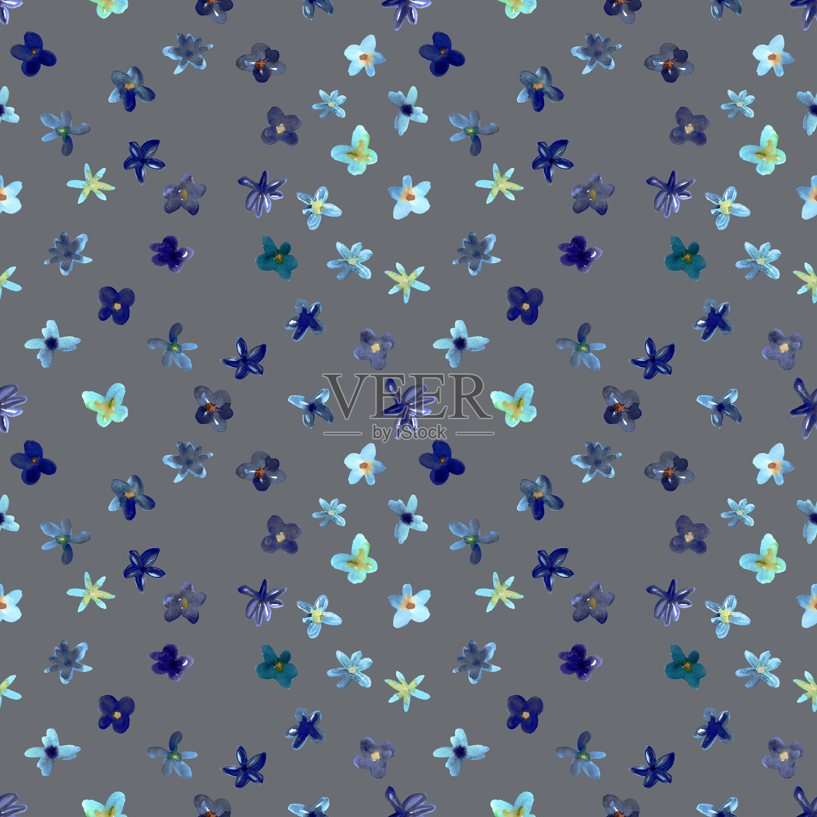 小蓝花的无缝图案。手绘的混乱小花印花。花圈，雏菊的圆舞。严谨的图案。适用于春季、夏季的纺织品、面料和背景设计。插画图片素材