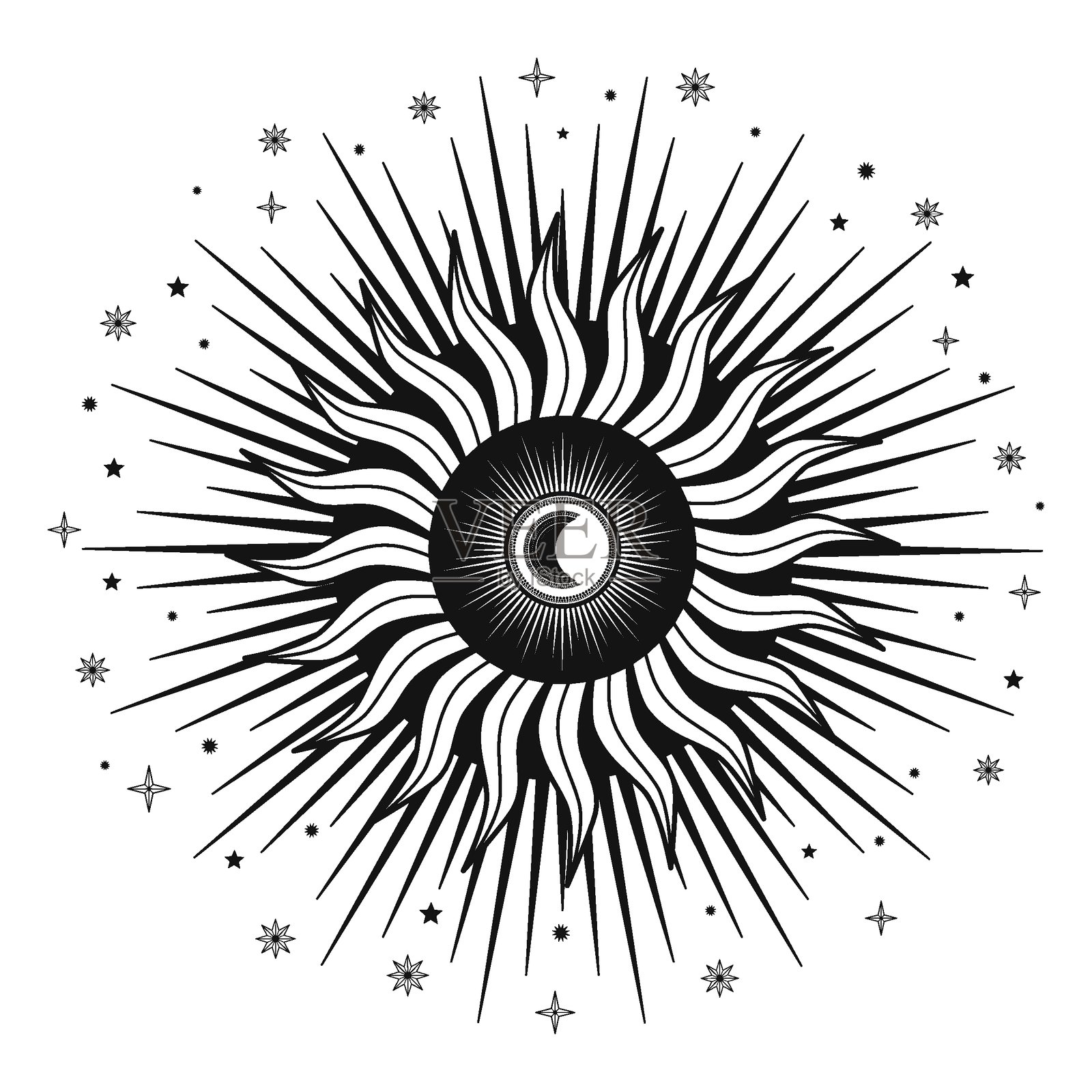 手绘神秘的太阳和月亮，弯月，星星。灵性天体空间，星座符号，天文学象征。魔法护符，古董风格，复古，波西米亚，塔罗牌。矢量轮廓插图插画图片素材