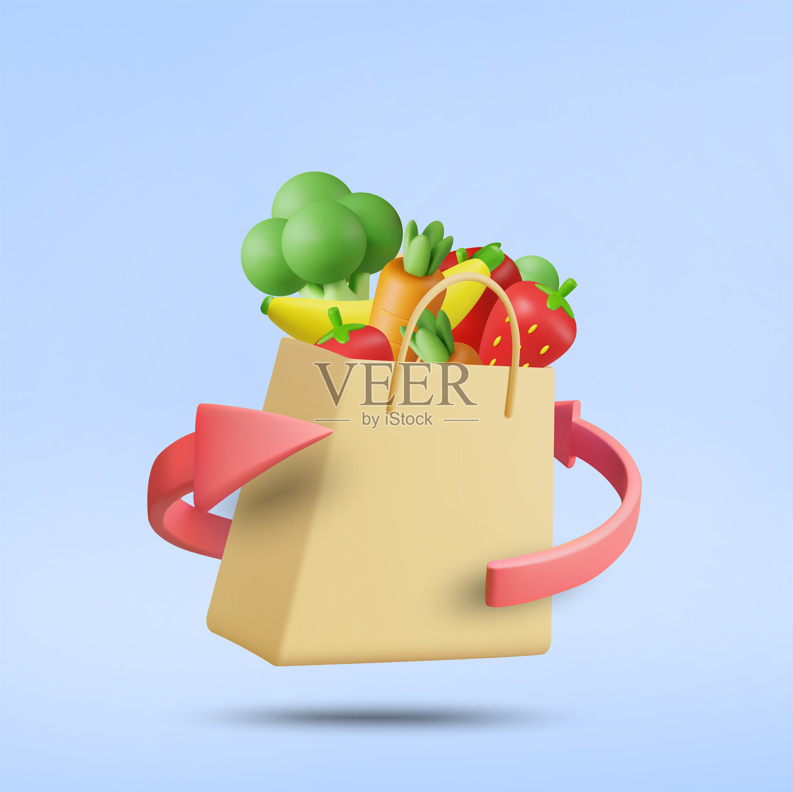 3D插图矢量渲染的购物袋，装有有机水果和蔬菜，包括西兰花、香蕉、草莓、苹果、胡萝卜，带有螺旋箭头，鲜货配送或退款概念，在线超市插画图片素材
