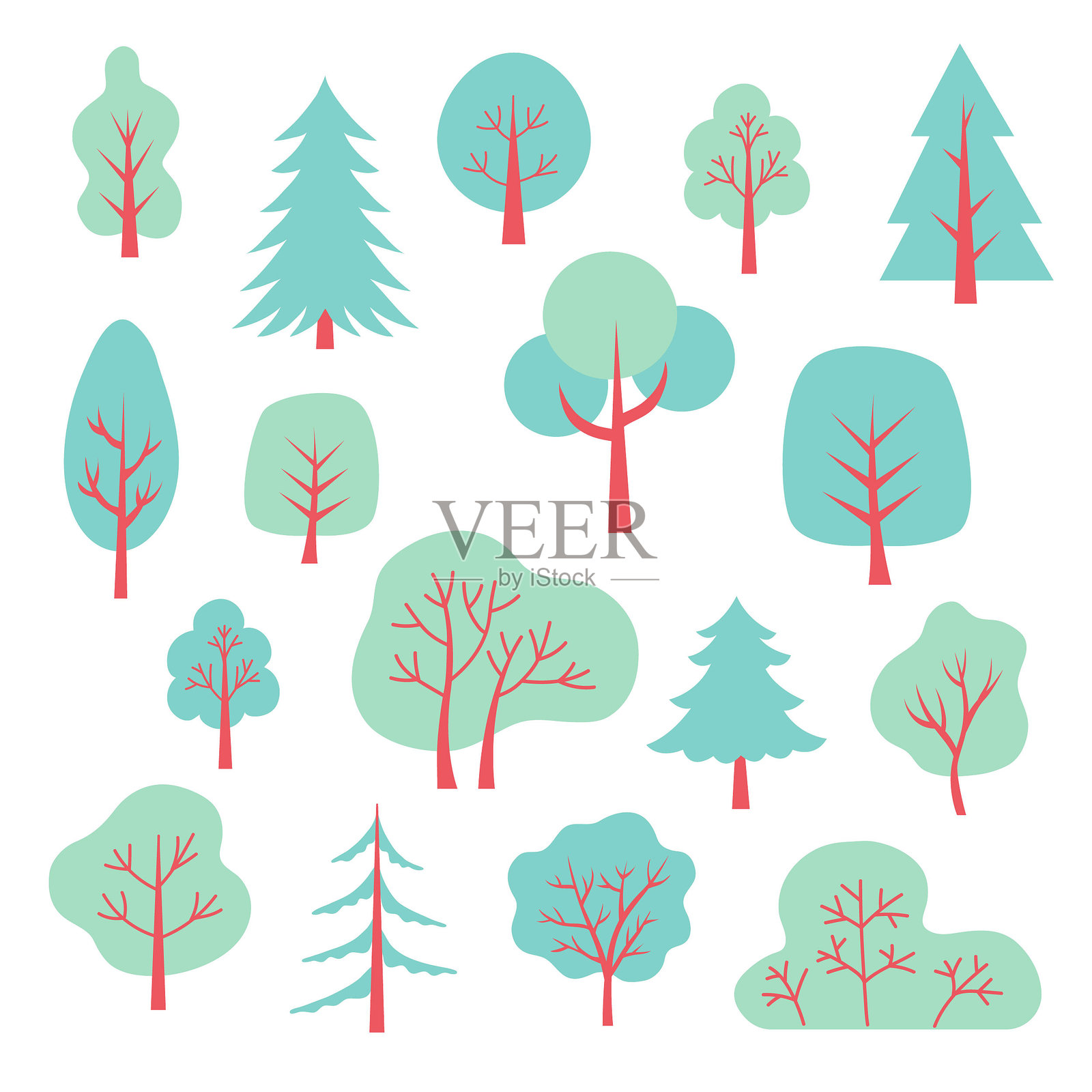 矢量树木集合，孤立在白色背景上插画图片素材