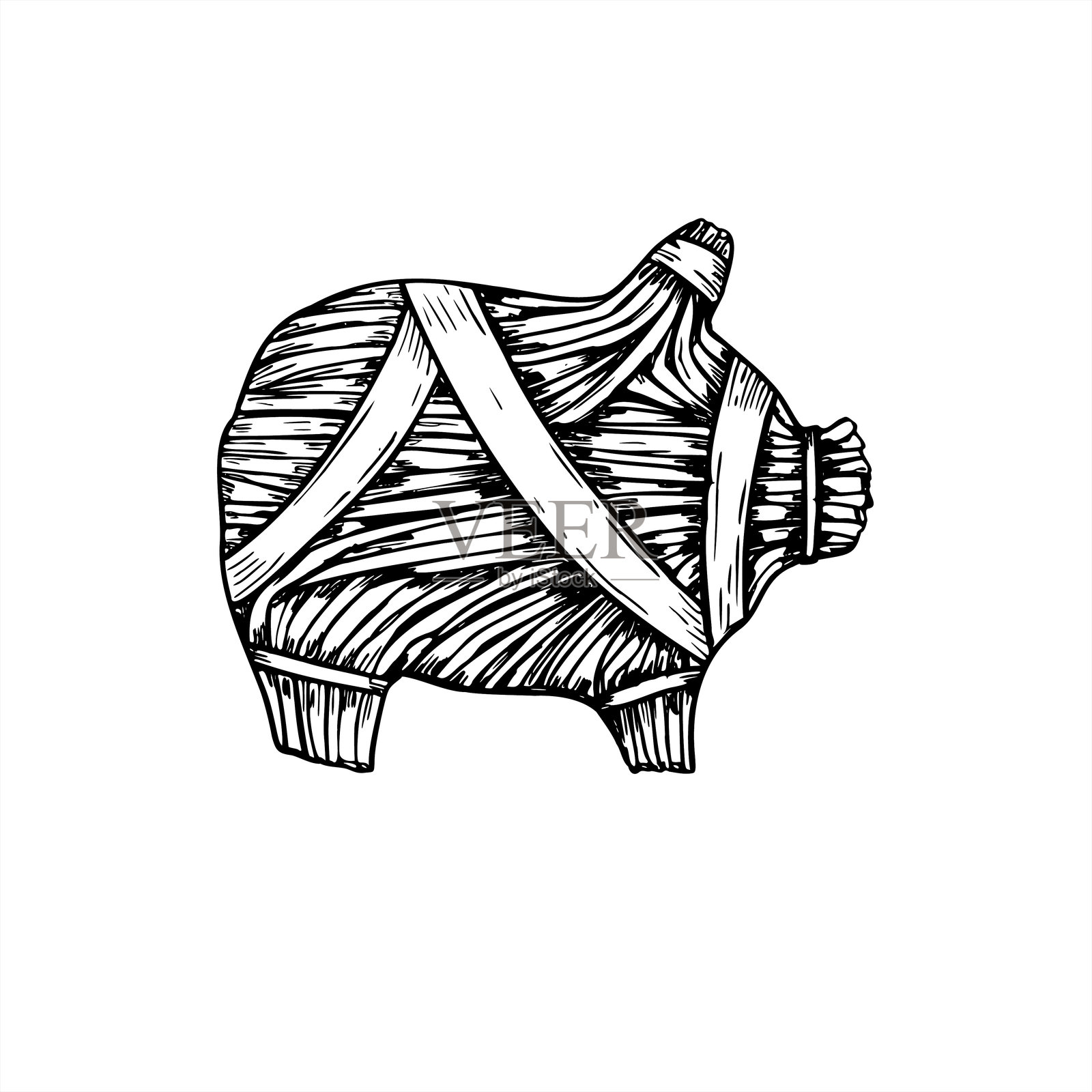 斯堪的纳维亚稻草猪，配有节日丝带的单色矢量插图。Julgrise线条艺术黑色墨水素描，适用于北欧节日包装和圣诞乡村装饰。繁荣和好运的象征。插画图片素材