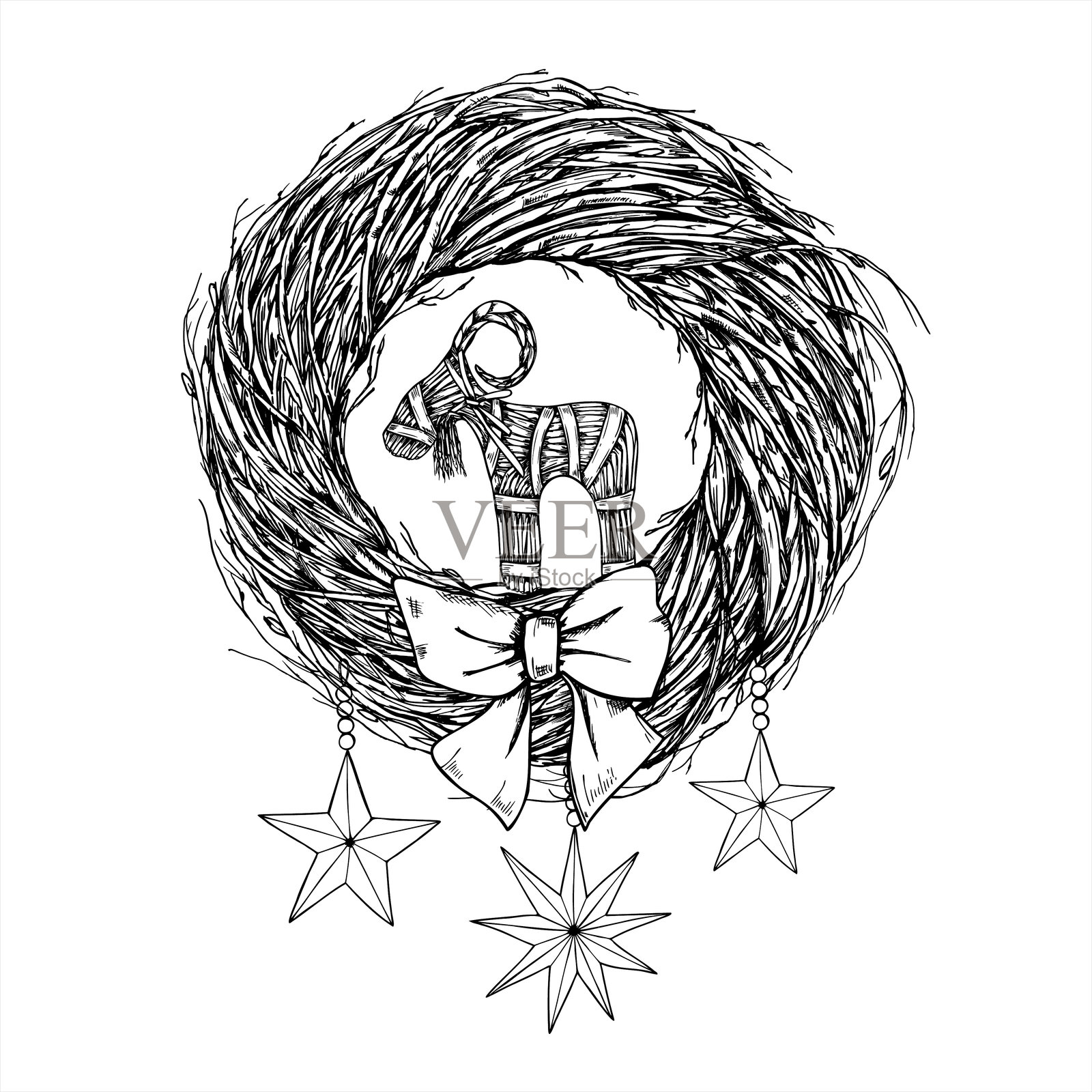 传统斯堪的纳维亚圣诞花环，带有桦树枝、稻草山羊中心装饰和单色星星插图。适用于北欧节日、圣诞包装和乡村冬季邀请。插画图片素材