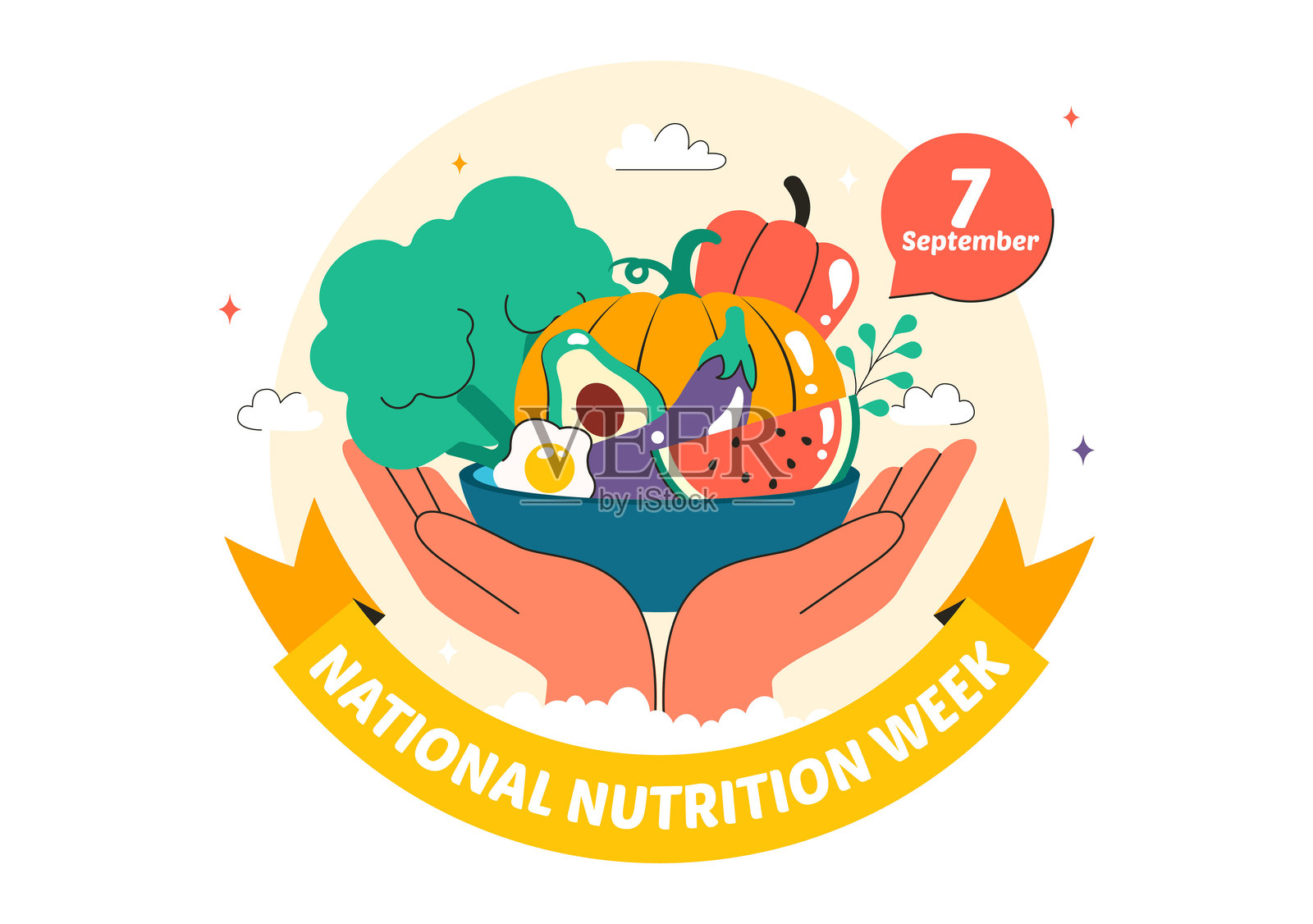 9月7日国家营养周日插图，背景展示健康食品和生活方式选择，如水果和蔬菜。插画图片素材