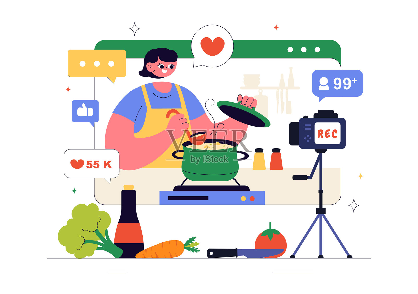 年轻人在家中录制烹饪视频并准备食物的扁平风格卡通背景插图插画图片素材