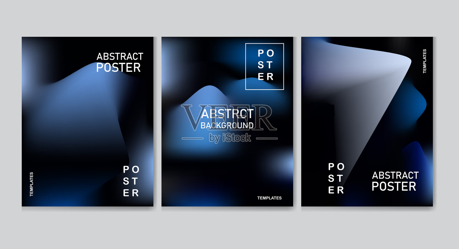 一组现代抽象海报，采用蓝色调，具有柔和的渐变和流动的纹理。非常适合图形设计项目、数字模板或时尚主题的创意背景。插画图片素材