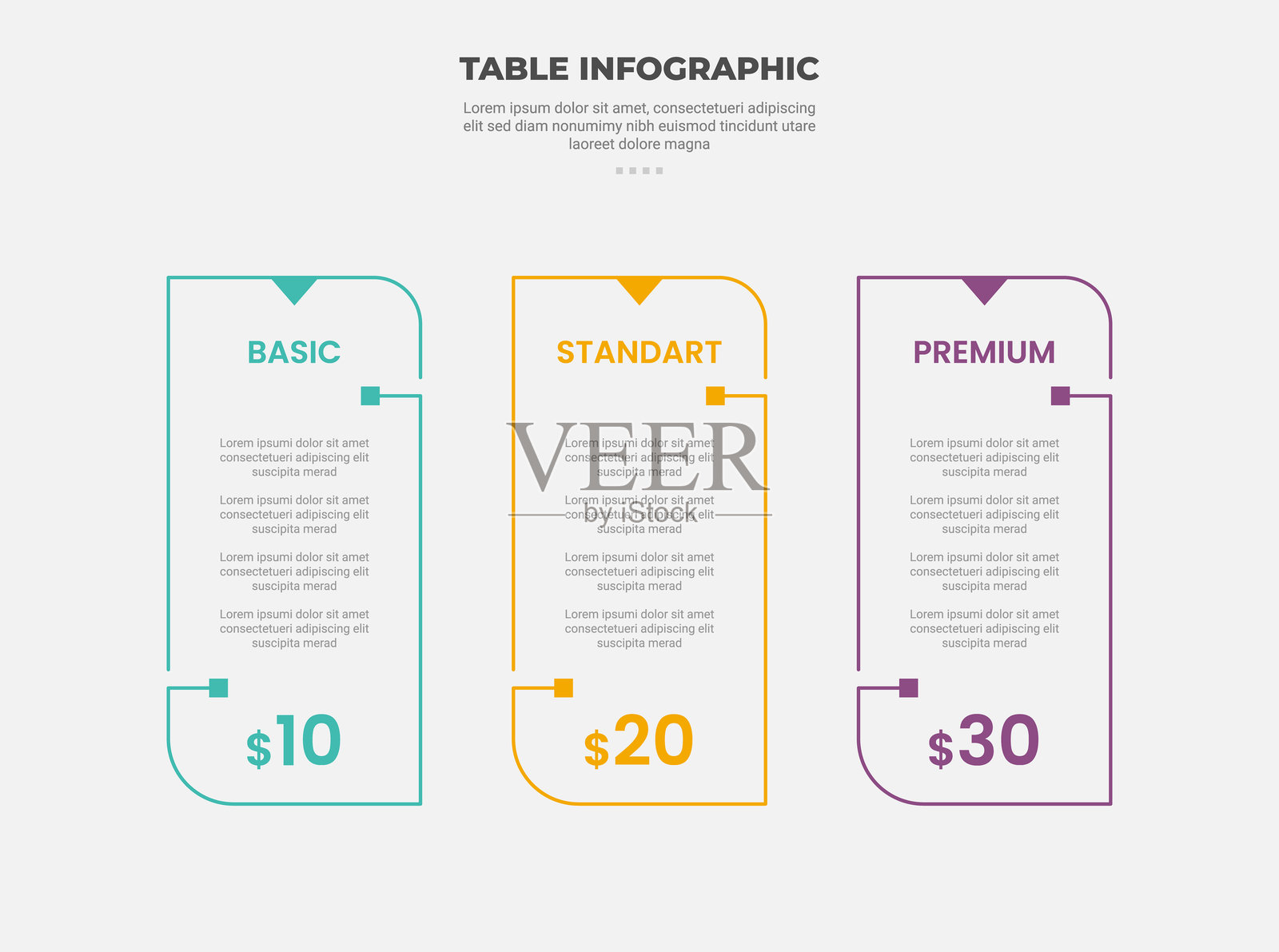 定价表信息图表轮廓风格，包含3点模板，垂直框架，简约简单线条，带箭头徽章，适用于幻灯片演示。插画图片素材