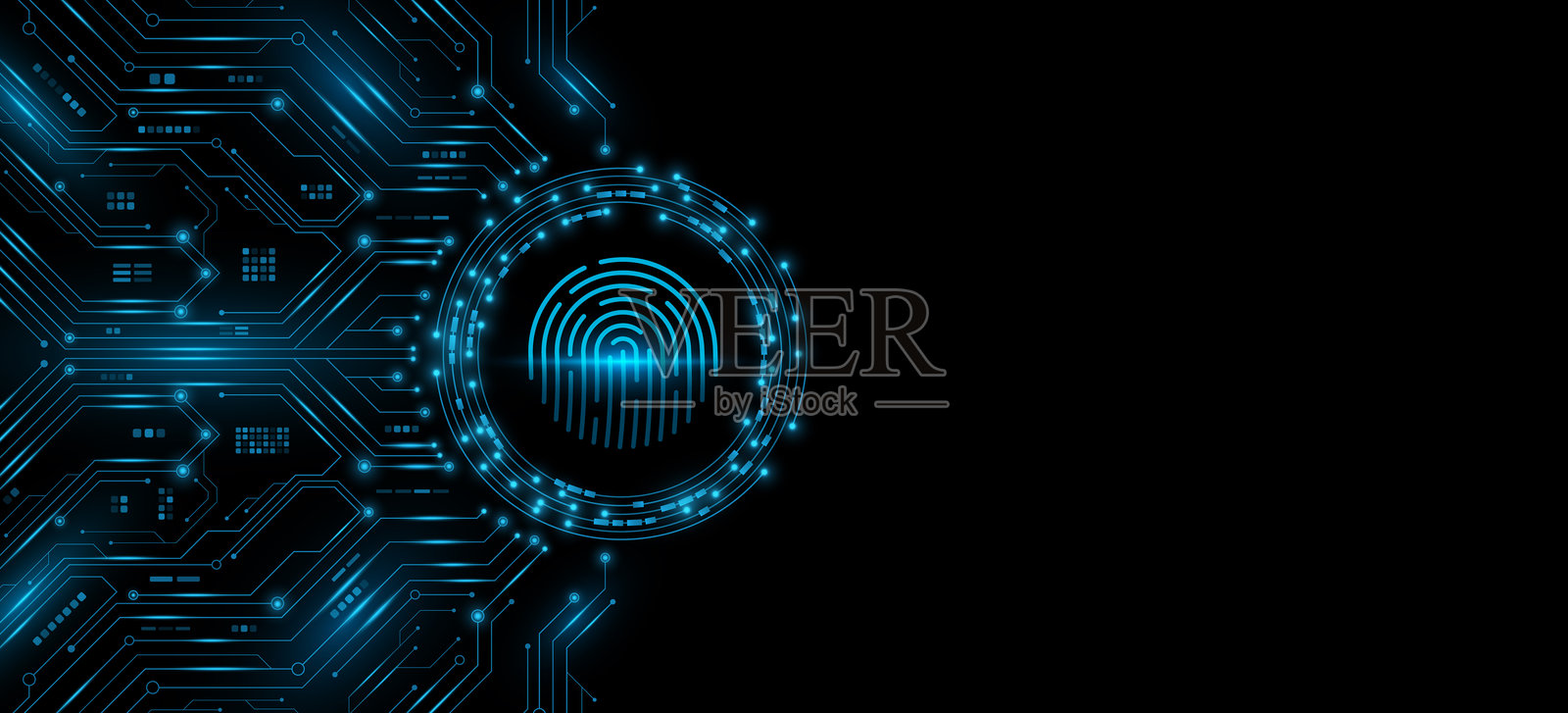未来感的发光指纹扫描仪，背景为数字电路板。高科技生物识别安全界面概念，带有霓虹线条和科幻电子微芯片图案。矢量图。插画图片素材