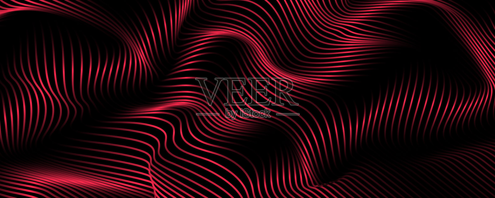 3D红色线条科技抽象背景，重叠层次在黑暗空间中，带有波浪效果的装饰。现代图形设计元素，条纹风格概念，适用于网页横幅、海报、传单、卡片或宣传册封面。插画图片素材