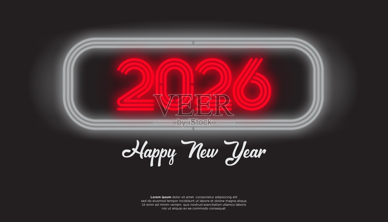 灰色框架中的红色霓虹2026新年标志，节日庆祝活动插画图片素材