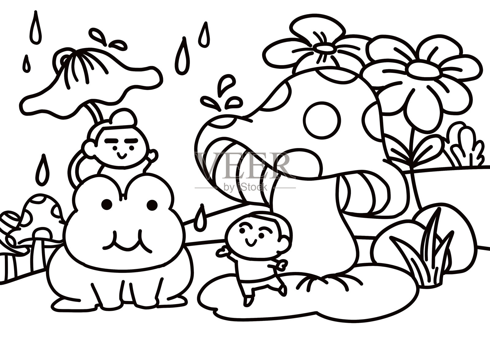 一个在幻想世界中涂色的孩子风格。插画图片素材