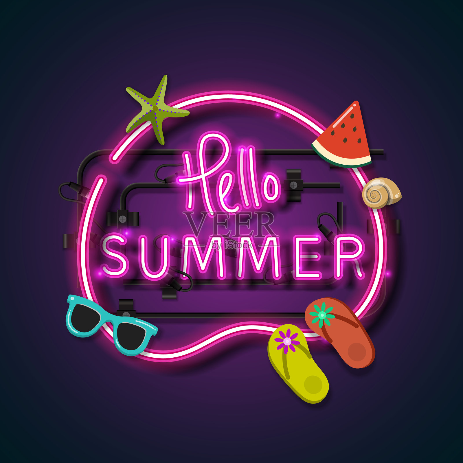 夏日你好霓虹灯标志与海滩元素。插画图片素材