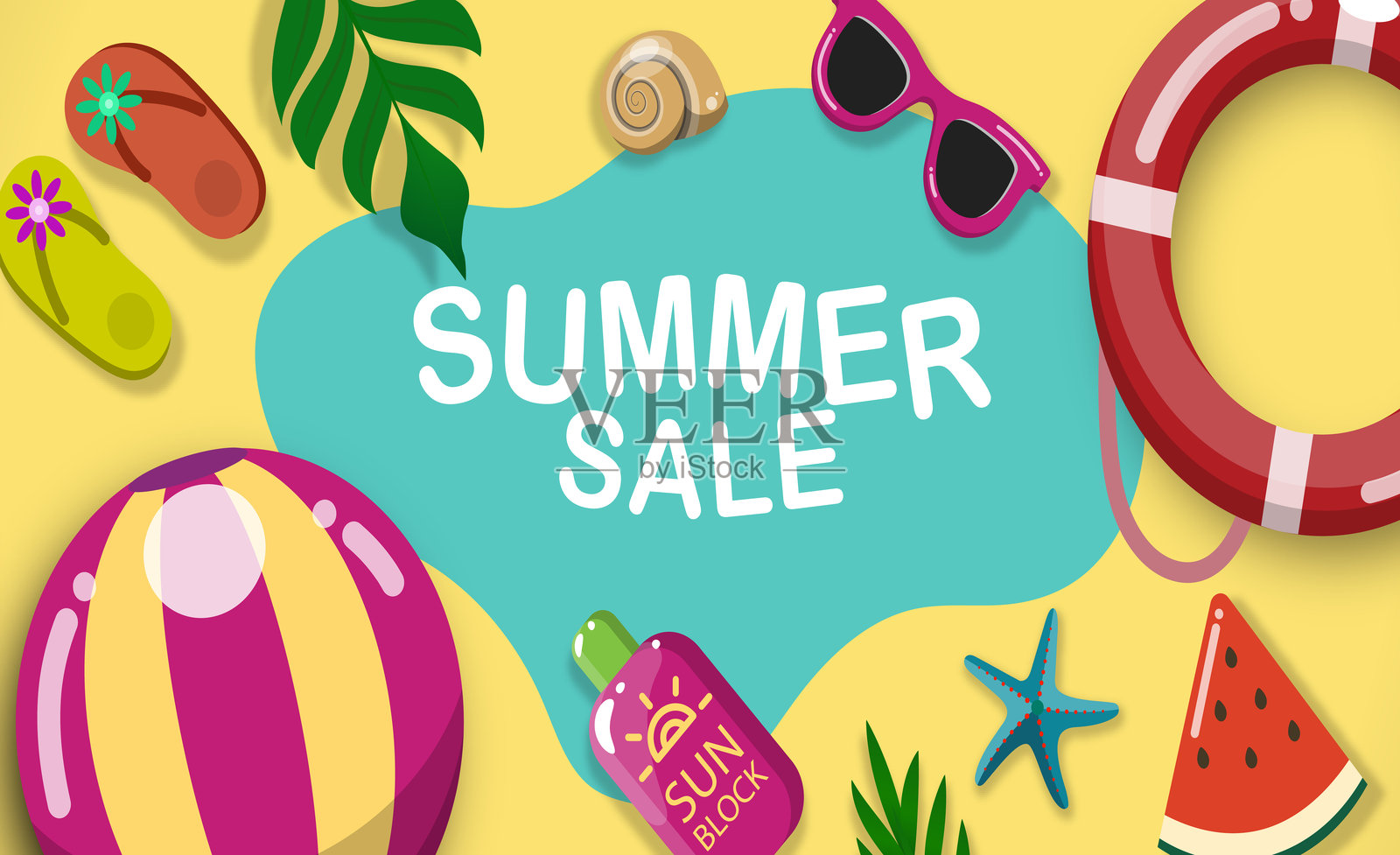 夏季促销横幅与热带海滩元素插画图片素材