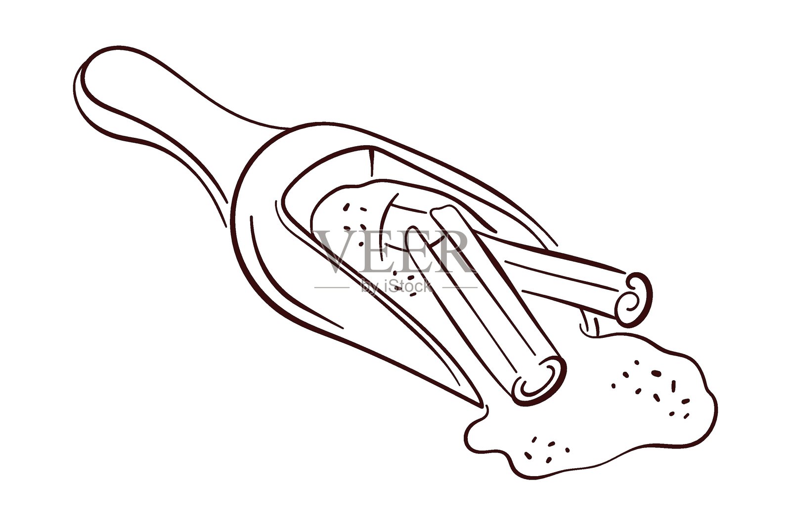 带把手的肉桂粉和肉桂棒的勺子插图，线条艺术风格，背景为白色。插画图片素材