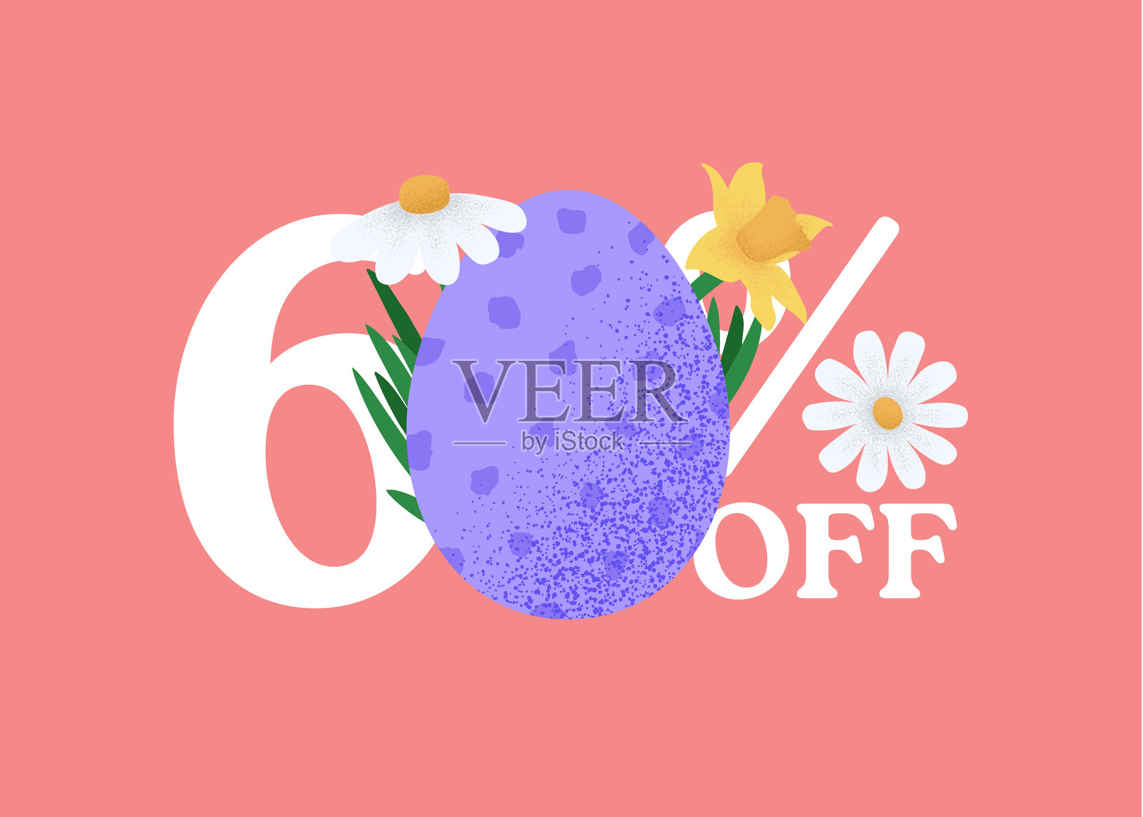 复活节快乐促销横幅。复活节促销60%折扣横幅模板，带有复古复活节彩蛋和春季花卉。矢量插图元素。插画图片素材