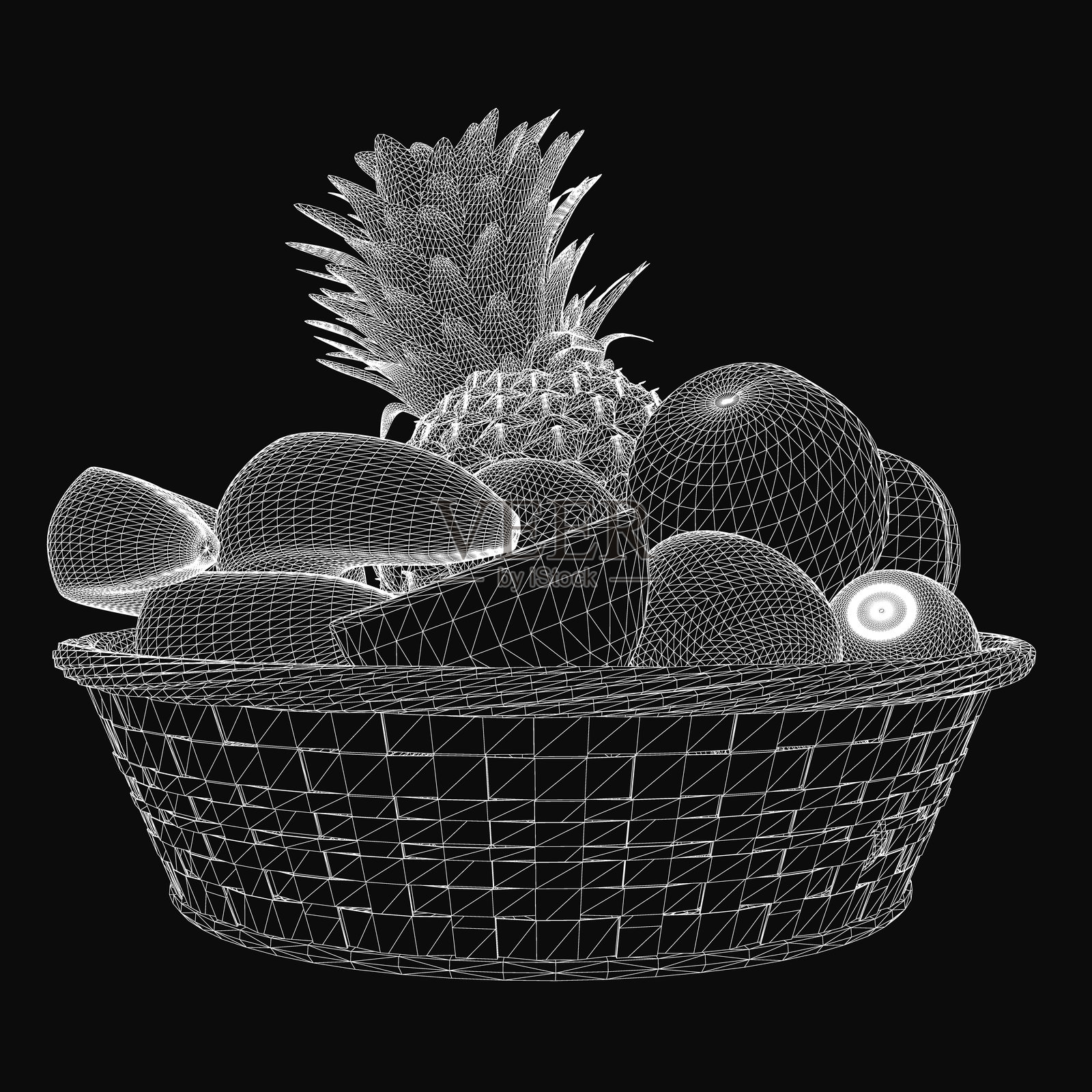 一个编织的篮子里装满了新鲜的水果，包括红苹果、明亮的橙子、黄色的香蕉和紫色的葡萄。深色背景突显了水果的鲜艳色彩和质感。插画图片素材