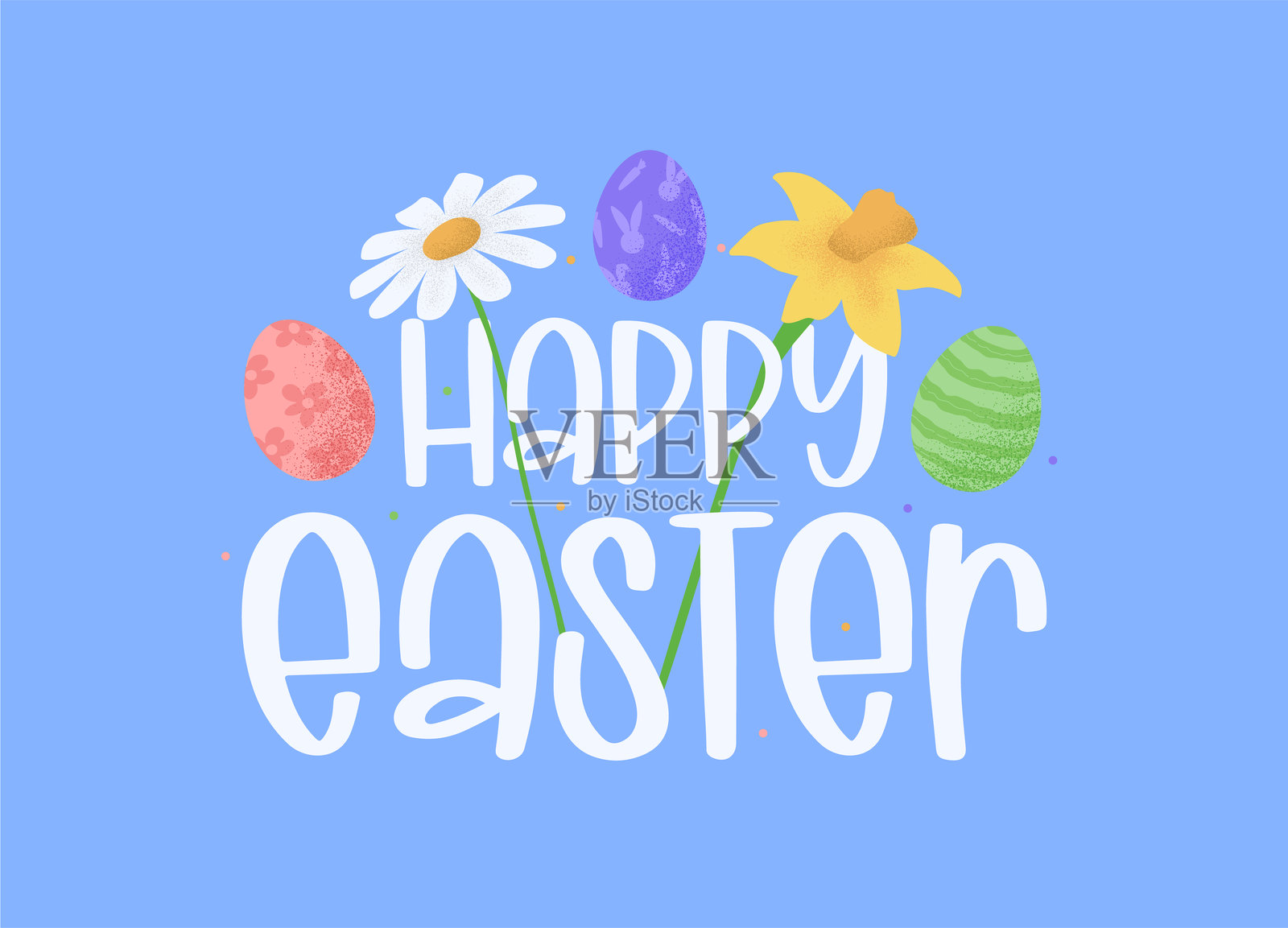 快乐复活节的彩色字母。快乐复活节、彩蛋、春天的花朵和草地的矢量符号、标志、徽章和蓝色背景上的字母设计。插画图片素材