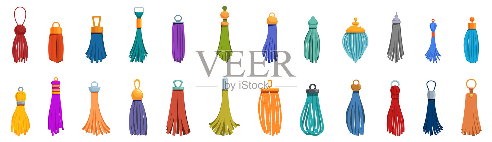流苏边饰图标集。多种形状和风格的彩色流苏，适用于时尚设计。插画图片素材