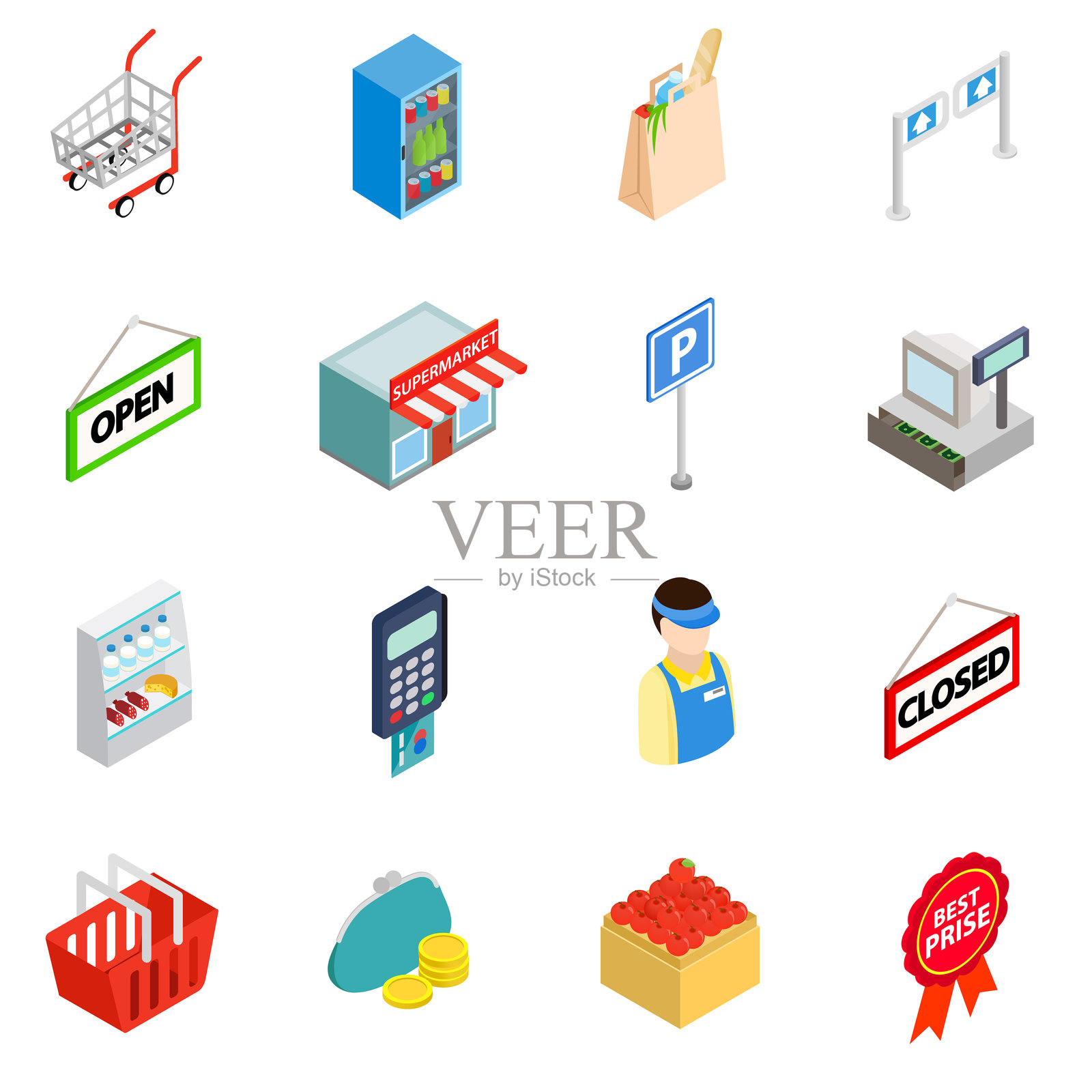 超市图标集，等距三维风格插画图片素材