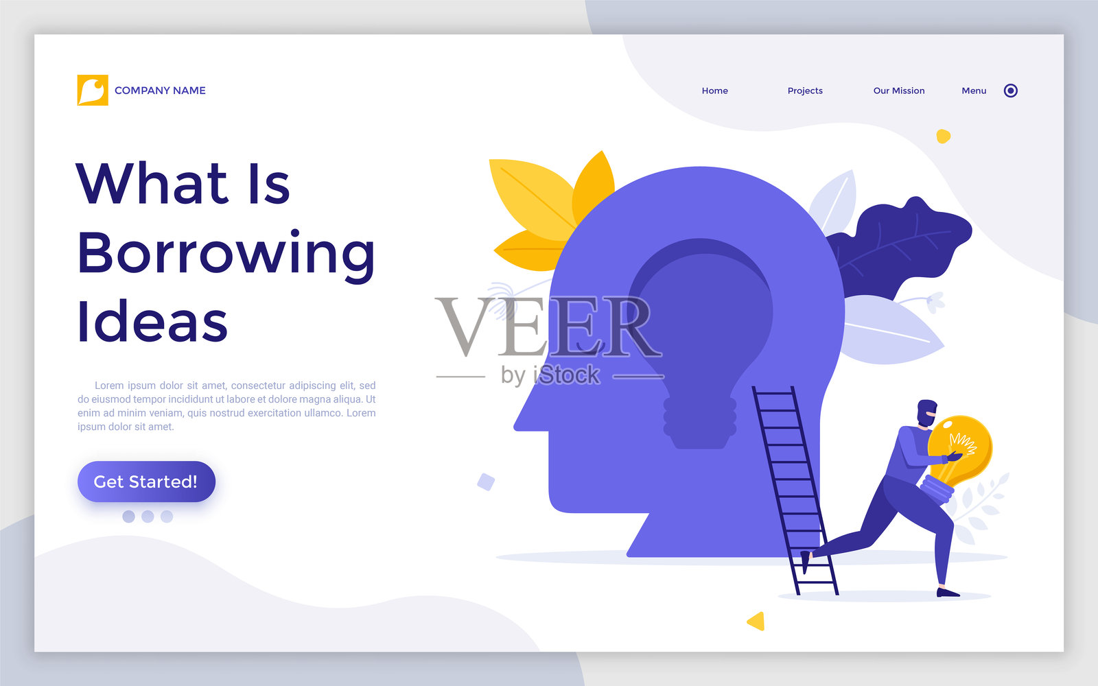 着陆页模板，窃贼或抢劫者从人头上偷走的灯泡。借用或窃取创意想法或知识产权，侵犯版权。现代扁平矢量插图。插画图片素材