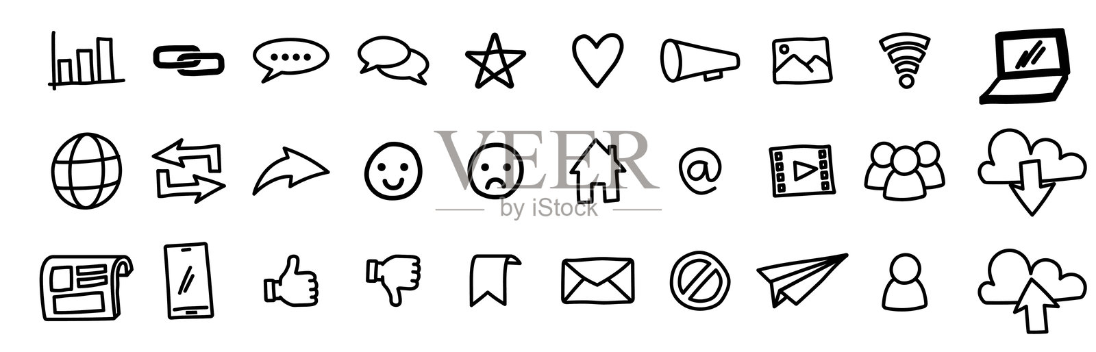 社交媒体涂鸦手绘草图，杂乱的分享按钮插画图片素材