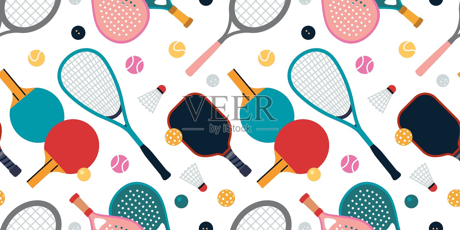 无缝图案，包含各种运动的球拍、球板和球。适合夏季运动或活跃生活方式产品的动态有趣设计。白色背景上的矢量插图，手绘风格，扁平化设计。插画图片素材