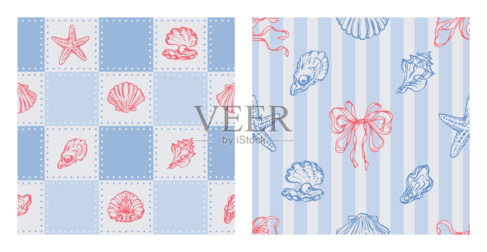 红色海贝、海洋生物、海星、蓝色条纹和格子背景上的丝带蝴蝶结的海岸无缝图案套装。灵感来自复古意大利夏季美学的甜蜜生活主题。插画图片素材