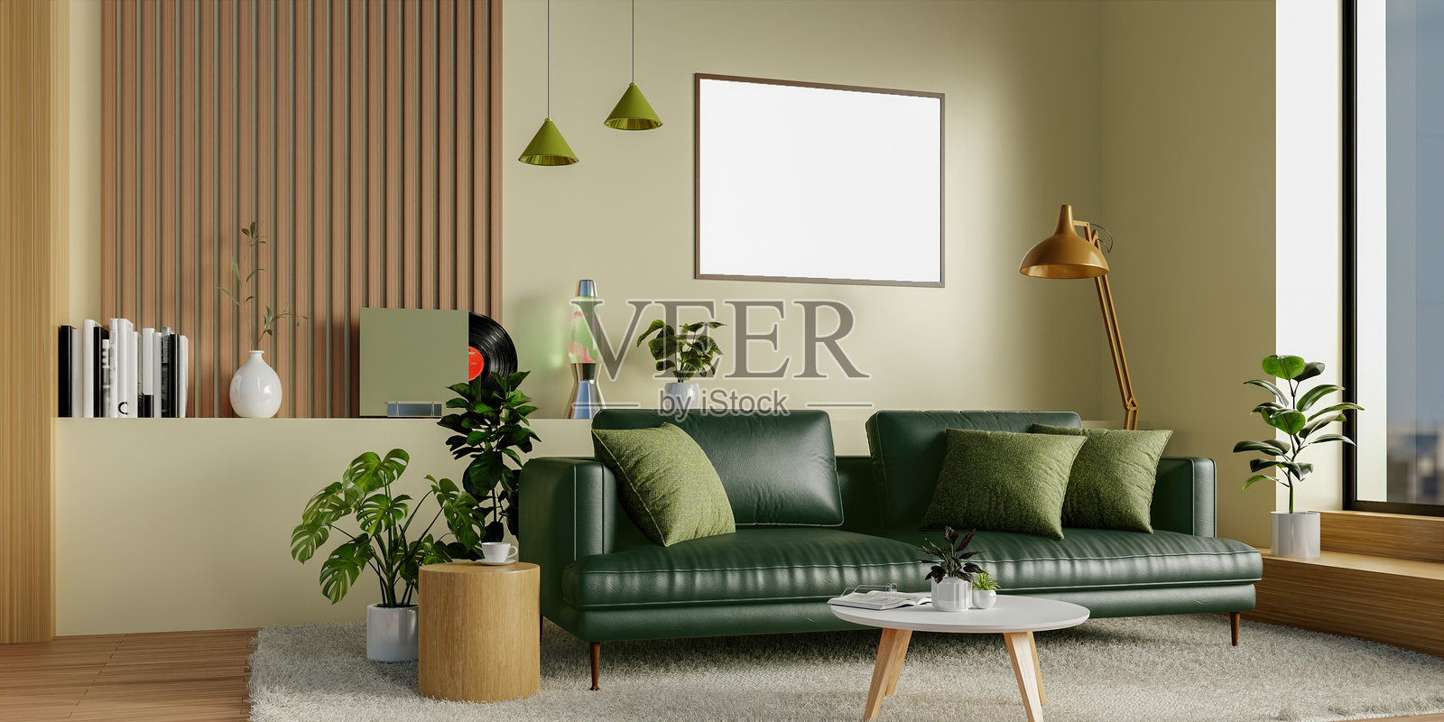 现代美学元素的可持续客厅设计。3D渲染插图照片摄影图片