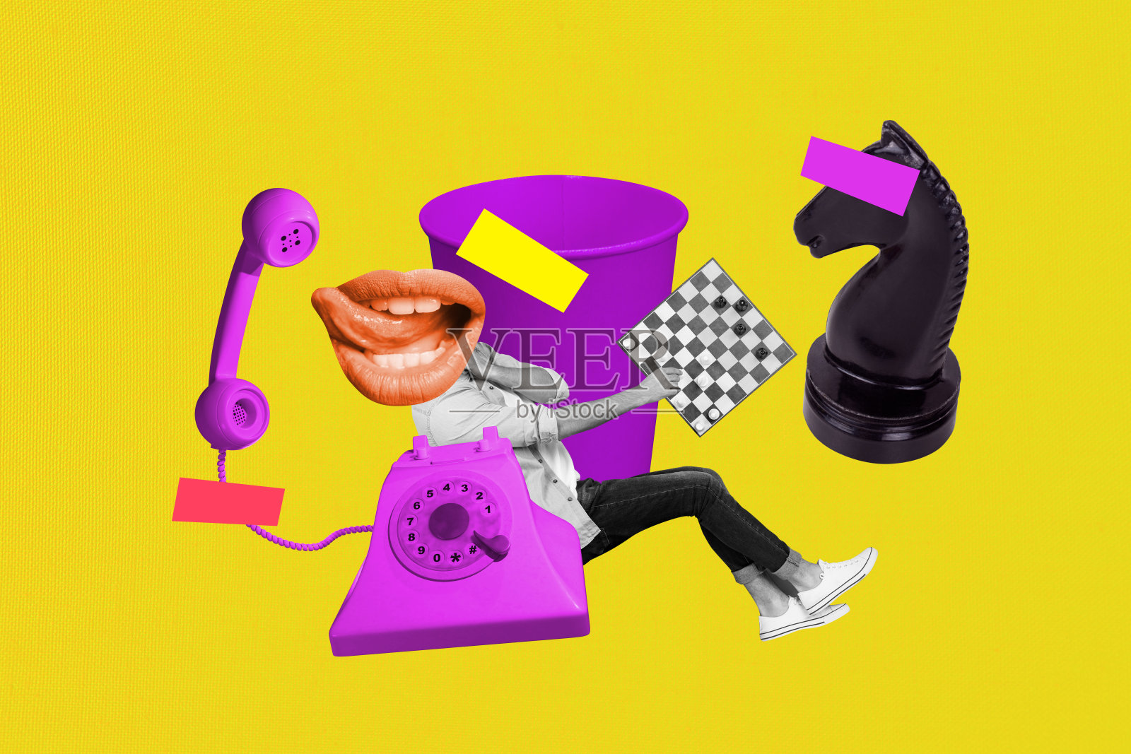 创意3D合成艺术图像拼贴，展示匿名男子的头部、嘴唇、舌头、电话热线服务、杯子和国际象棋。照片摄影图片