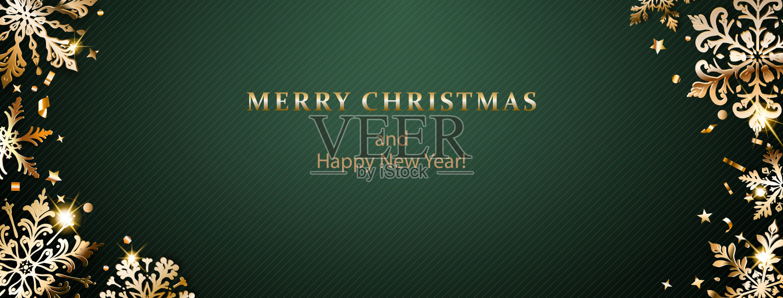 绿色背景上的金色雪花圣诞插图。插画图片素材