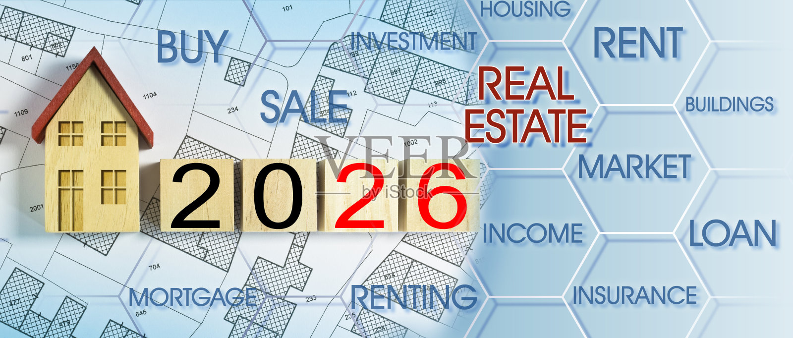 2026年建筑活动与建筑行业住房概念 - 2026年房地产与业主协会发展概念，包括住宅模型和地籍图。照片摄影图片