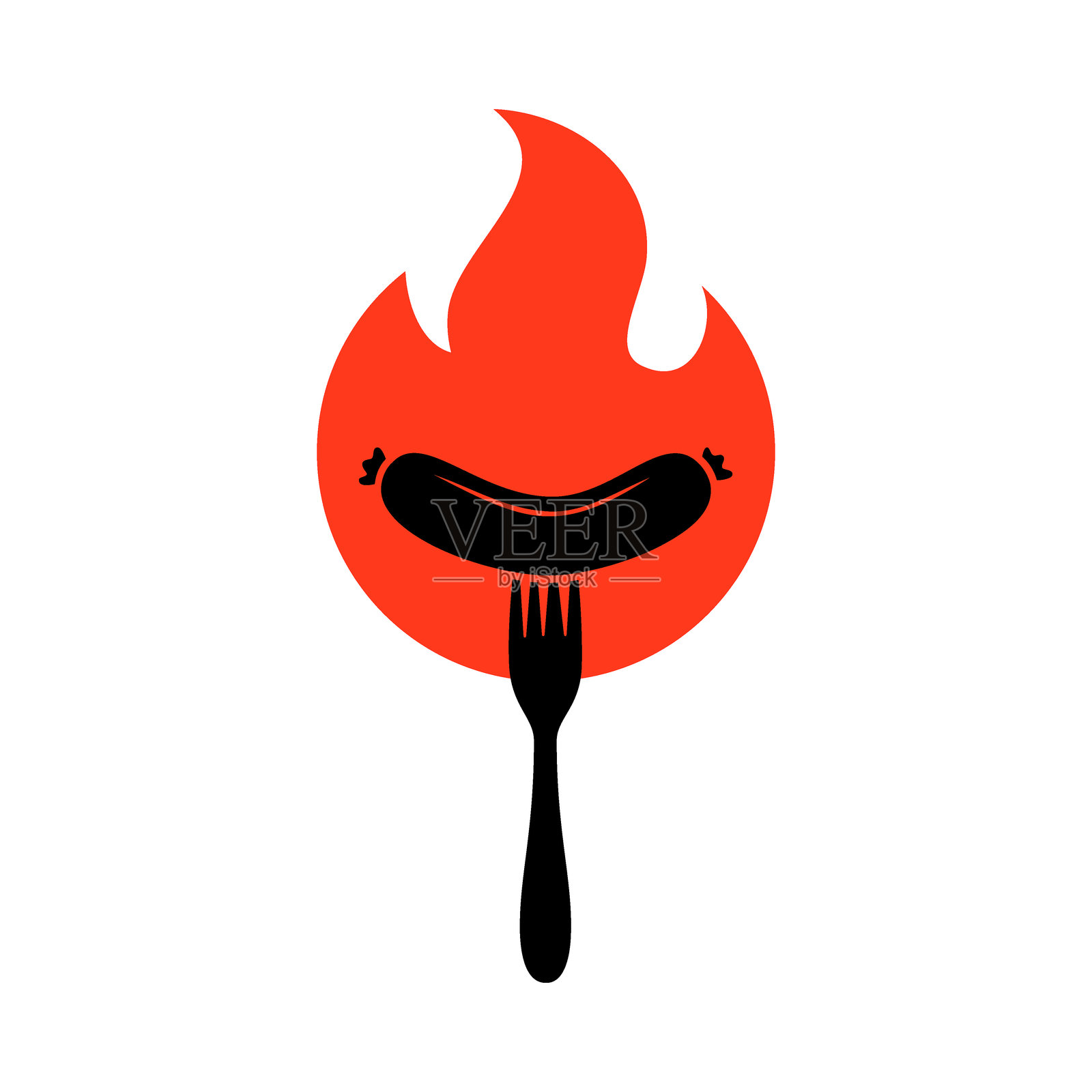 叉子上的烤香肠图标。肉店香肠菜单。食品市场、电商、有机产品推广的标志模板。矢量插图。插画图片素材