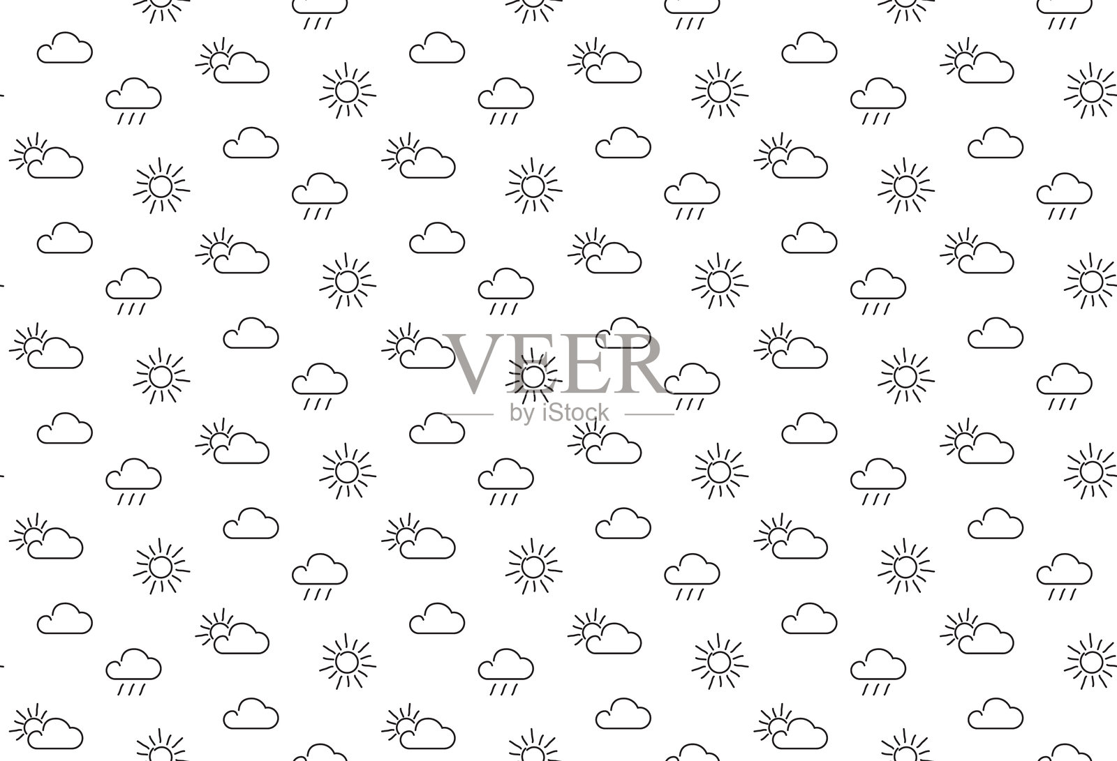 单色无缝天气图标轮廓图案。图形设计元素。非常适合纺织印刷、背景、壁纸或文具。插画图片素材