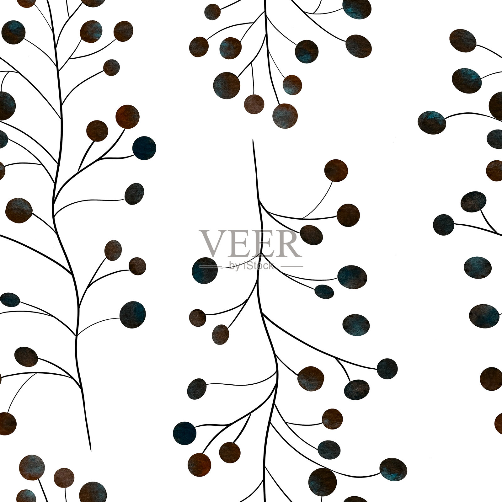 美丽的秋季蓝色和棕色浆果在白色背景上，无缝花卉图案。水彩手绘插图。适用于面料、纺织品、包装、封面、印刷品、纪念品、办公室。插画图片素材