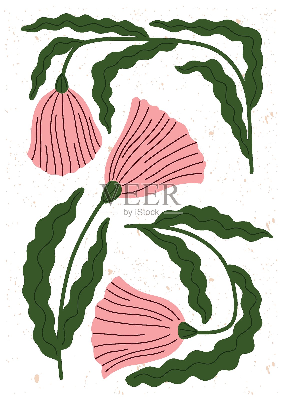 精致的粉色钟形花与波浪状绿色叶子，采用奇幻的手绘风格。适合创意项目和装饰的柔和简约花卉设计。插画图片素材