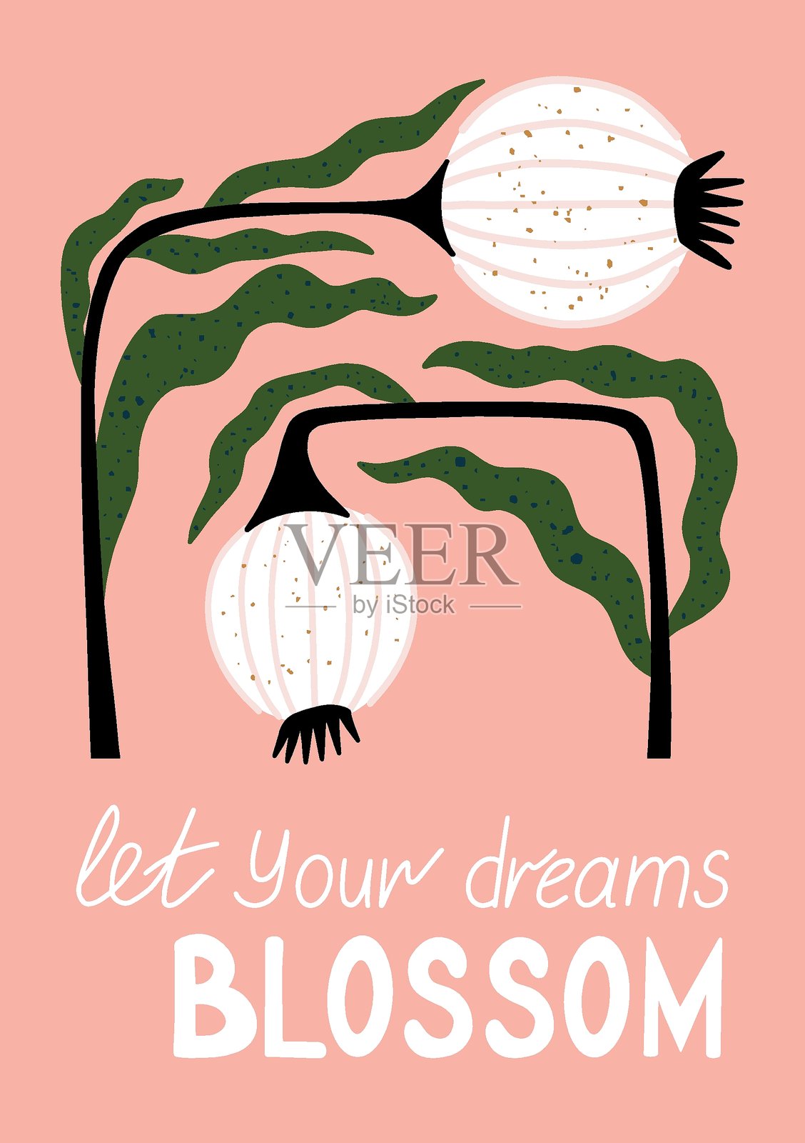 让你的梦想绽放，带有手绘抽象花朵和励志字母的花卉名言印刷品，适合儿童房、托儿所和现代装饰。插画图片素材