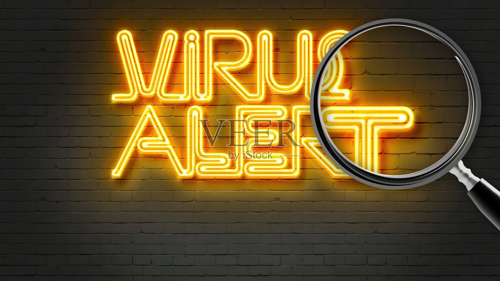 3D插图 - 在砖墙背景上写着“病毒警报”的字样和放大镜照片摄影图片