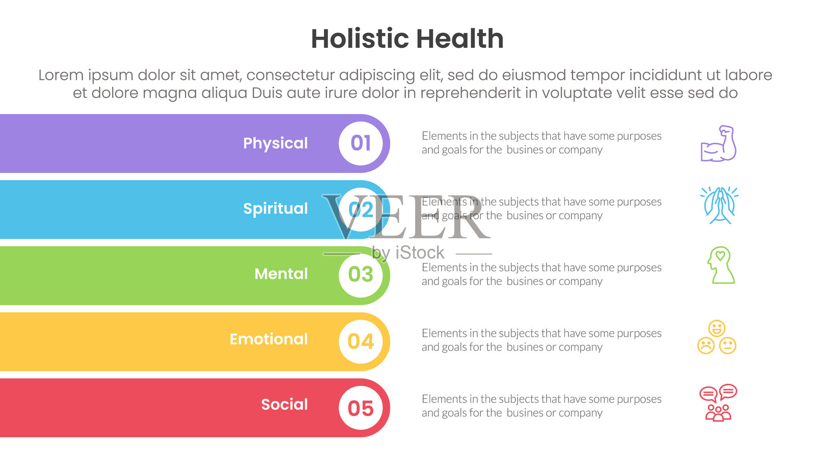 整体健康信息图表模板横幅，带有矩形圆形堆叠垂直排列的五点列表信息，适用于幻灯片演示。插画图片素材