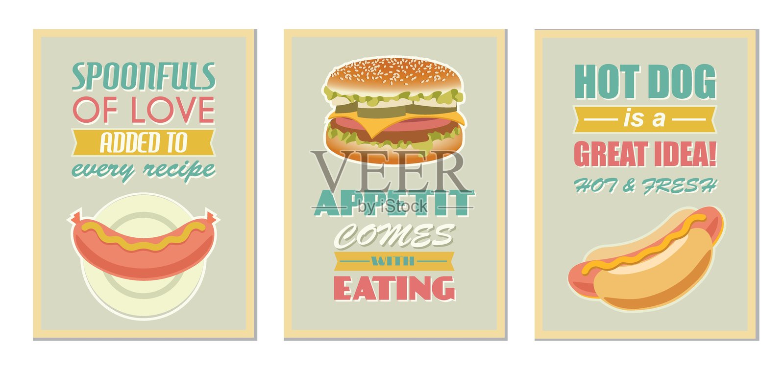 复古快餐海报系列，采用中世纪现代风格。矢量插图插画图片素材