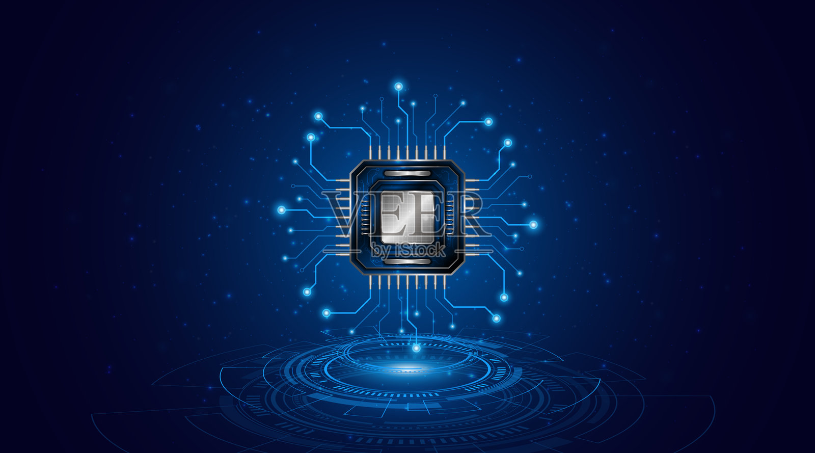 深蓝色背景上的微芯片处理器电路板技术。信息处理概念插画图片素材